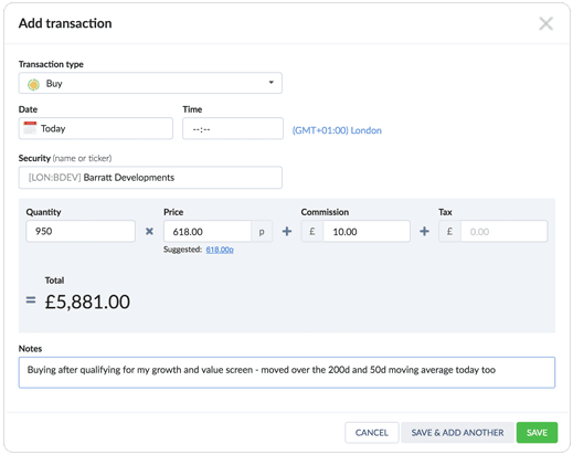 Picture of add transaction form