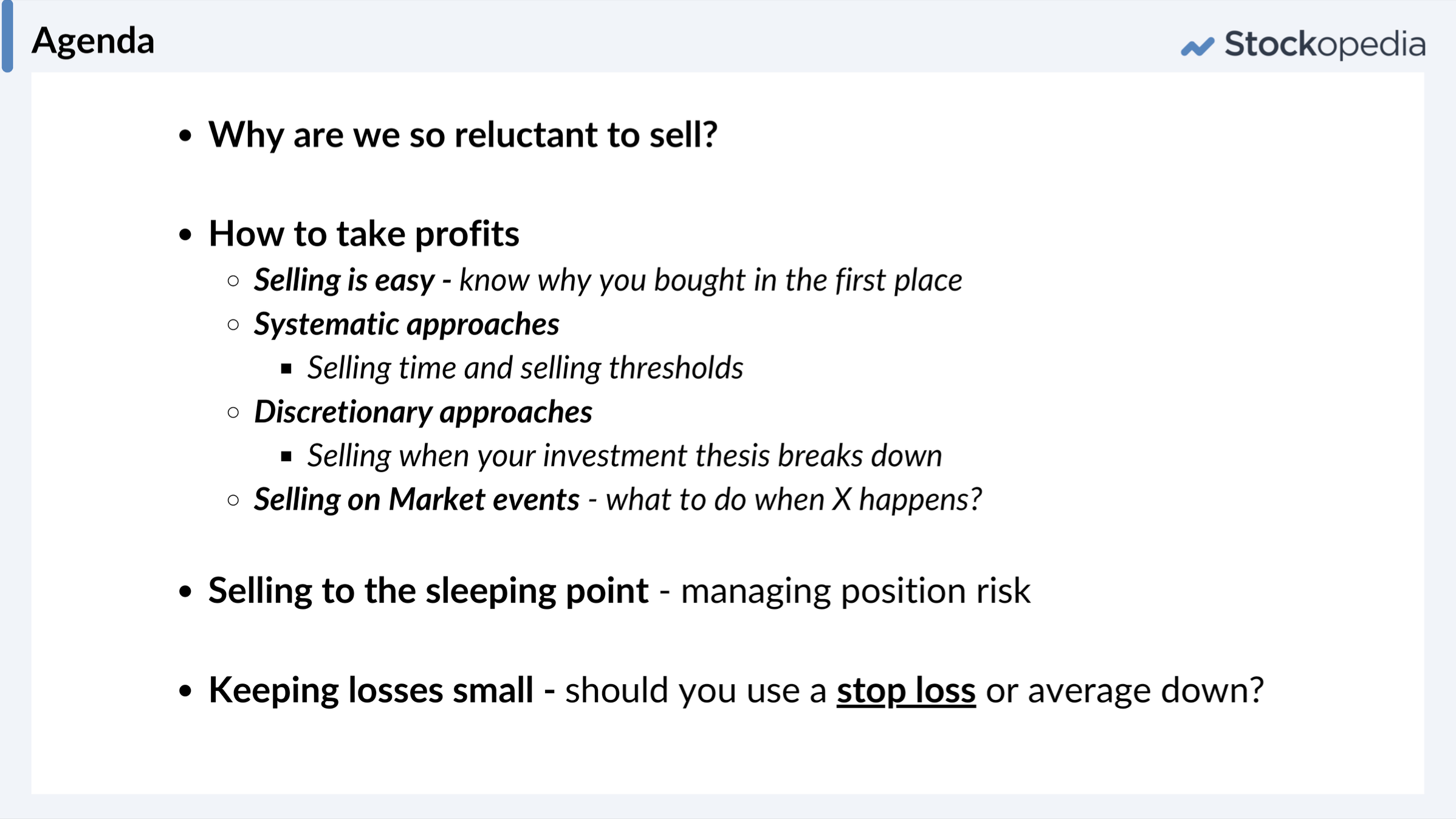 When to Sell - Agenda